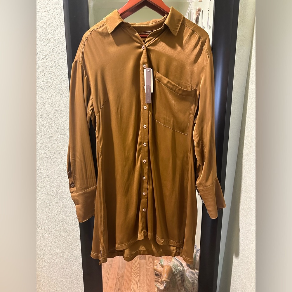 Anthropologie bronze pilcro long sleeve silky mini dress. BRAND NEW w/ tags.
